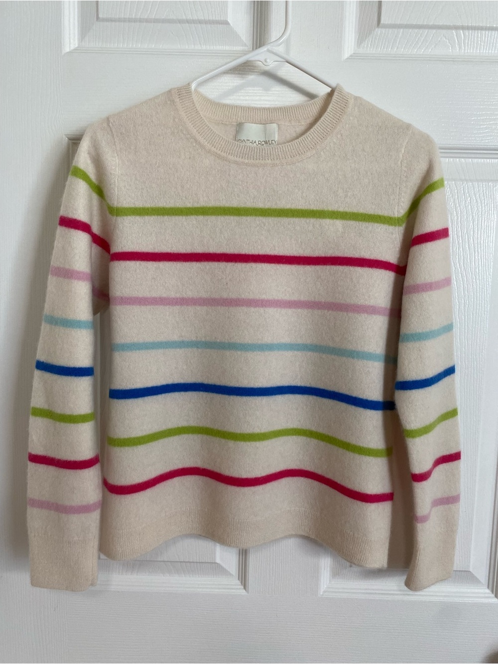 Cynthia Rowley 100% 2-Ply Cashmere Crewneck Sweater β Cream Multi-Stripe